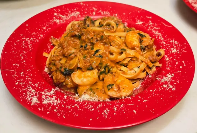 Seafood marinara with shrimp over pasta
